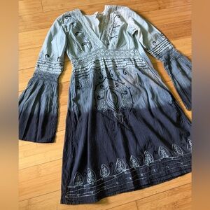 Boho Ombré Embroidered Tunic Dress – Sky Blue to Midnight Fade